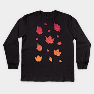 Red Orange Ombre Faux Glitter Autumn Fall Leaves Kids Long Sleeve T-Shirt